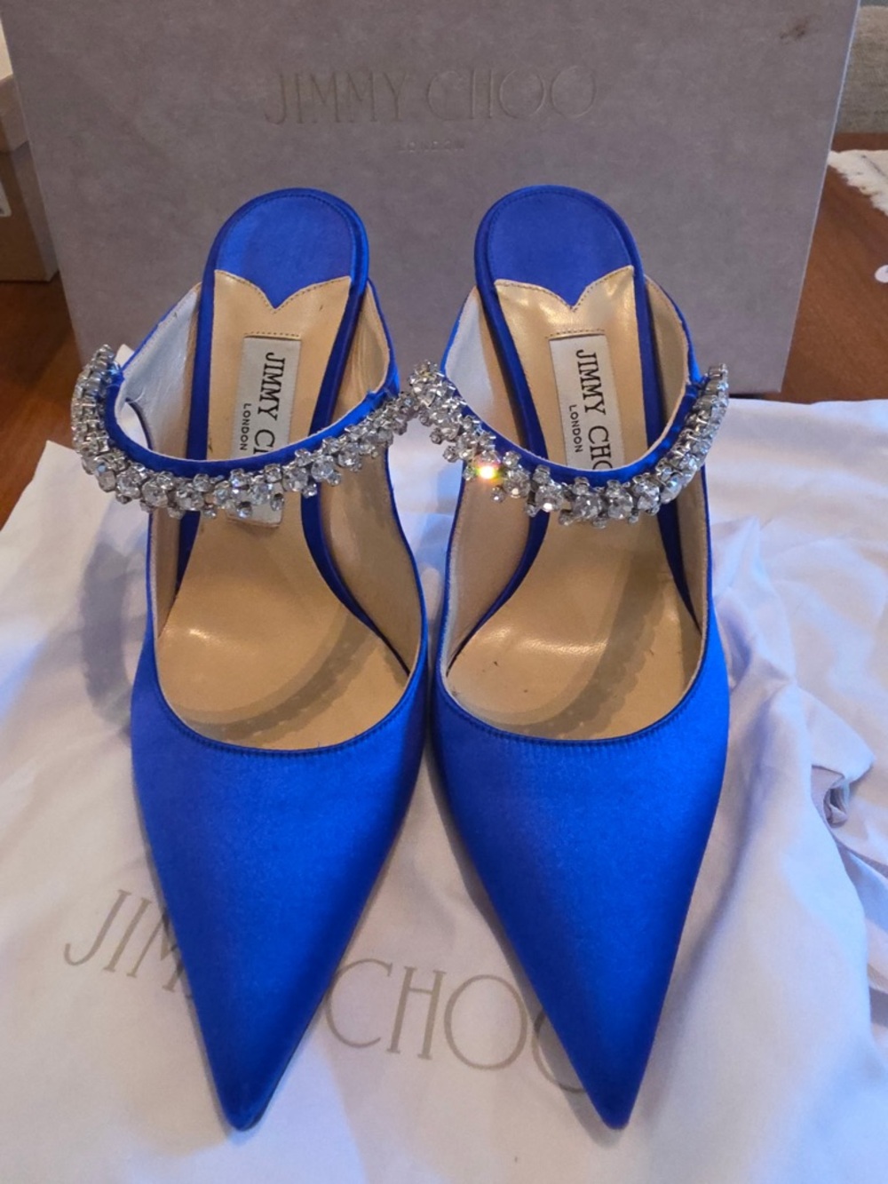 Jimmy Choo Cobalt Blue Satin Pointed Mules with Crystal Strap